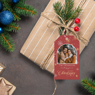 冬のモダン雪片フォトレッドクリスマス ギフトタグ