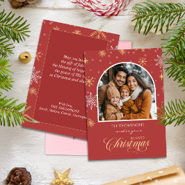 冬のモダン雪片フォトレッドクリスマス シーズンカード