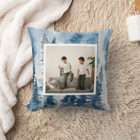 冬のモダン青い木と写真 クッション (ブランケット)