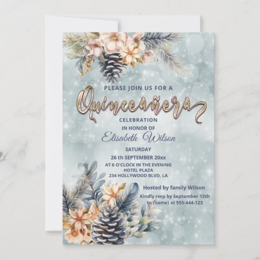 冬のモダン《写真》ぼけ味フローラ水色 招待状 (正面)