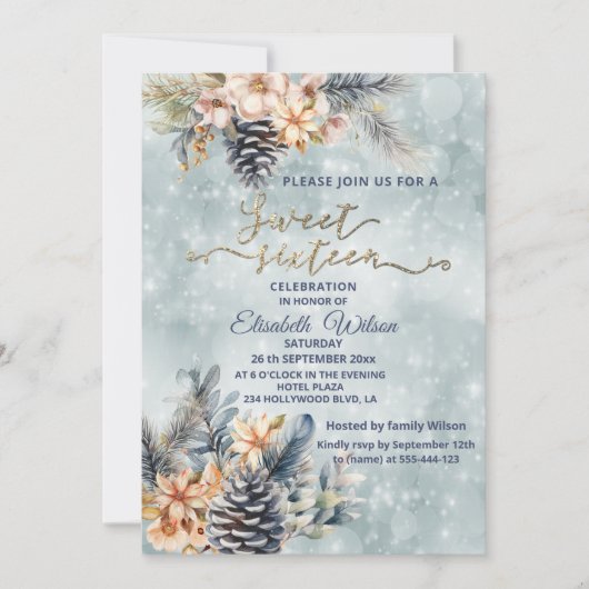 冬のモダン《写真》ぼけ味フローラ水色 招待状 (正面)