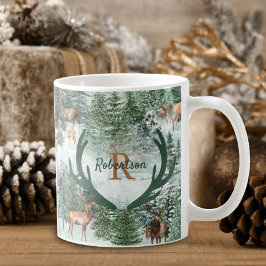 冬のモノグラムの鹿のクリスマス コーヒーマグカップ