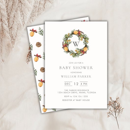 冬のモノグラムリース ベビーシャワー招待状 招待状