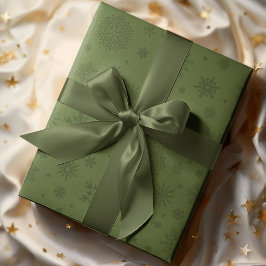 冬のモノトーンのスノーフレークオリーブグリーン ラッピングペーパー