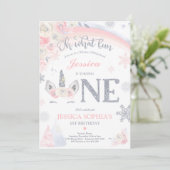 冬のユニコーン1st誕生日ピンク&シルバーのユニコーン 招待状 (スタンド正面)