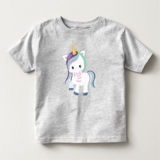 冬のユニコーン，かわいいユニコーン，魔法ユニコーン，スカーフ トドラーTシャツ (正面)