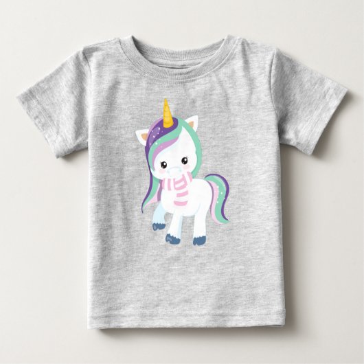 冬のユニコーン，かわいいユニコーン，魔法ユニコーン，スカーフ ベビーTシャツ (正面)