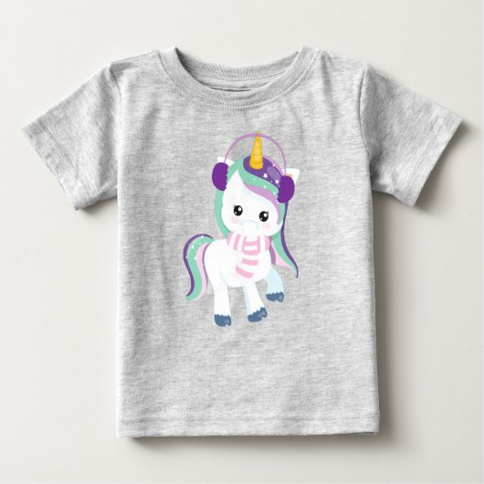 冬のユニコーン,魔法ユニコーン,かわいいユニコーン,スカーフ ベビーTシャツ (正面)