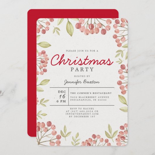 冬のユニーク果実の緑のクリスマスパーティー 招待状 (正面/裏面)