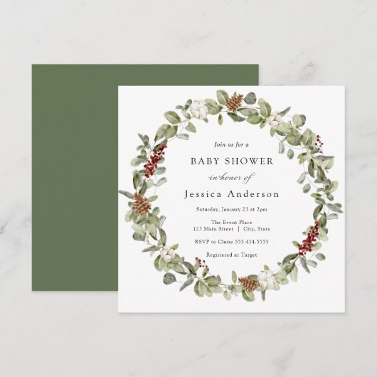 冬のユーカリ ベビーシャワー招待状 招待状 (正面/裏面)