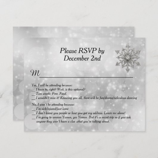 冬のユーモアのあるスノーフレークウェディングRSVPカード 招待状 (正面/裏面)