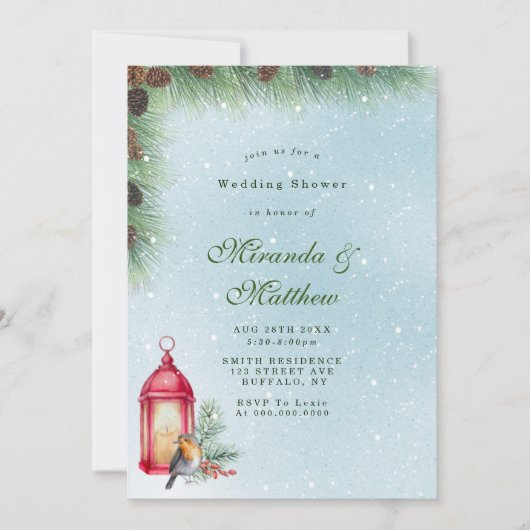 冬のランタンと鳥のウェディングシャワー招待状 (正面)