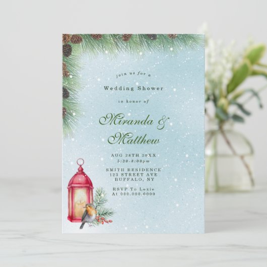 冬のランタンと鳥のウェディングシャワー招待状 (スタンド正面)