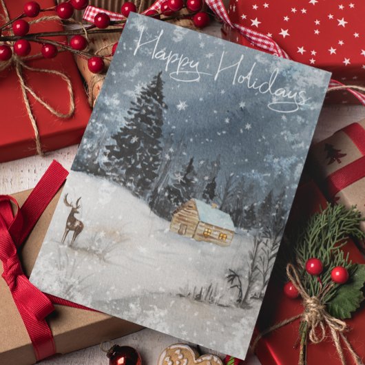 冬のランドスケープウォーターカラーホリデーキャビンディアー ポストカード