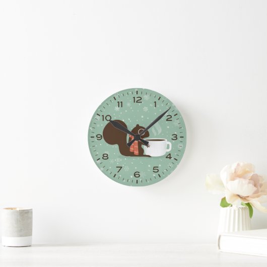 冬のリスとコーヒーかわいいウッドランド動物 ラウンド壁時計 (ホーム)