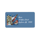 冬のリスのフィンチ鳥の果実の水色アート ラベル (正面)