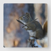 冬のリス、茶色の動物、カナダの写真 スクエア壁時計 (正面)