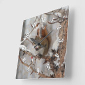 冬のリス、雪&レッドベリークリスマスデザイン スクエア壁時計 (傾斜)