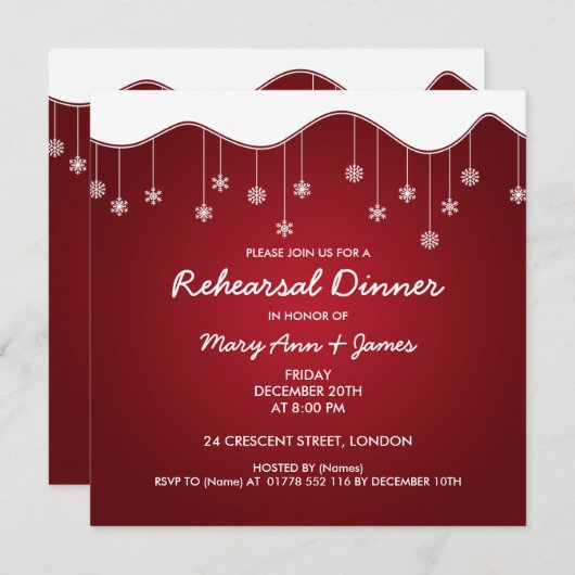 冬のリハーサルディナースノーフレークデコレーションレッド 招待状 (正面/裏面)