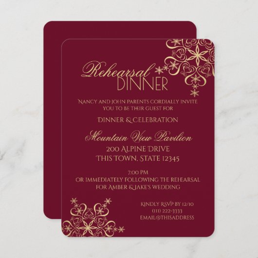 冬のリハーサルディナー金ゴールドスノーフレーク 招待状 (正面/裏面)