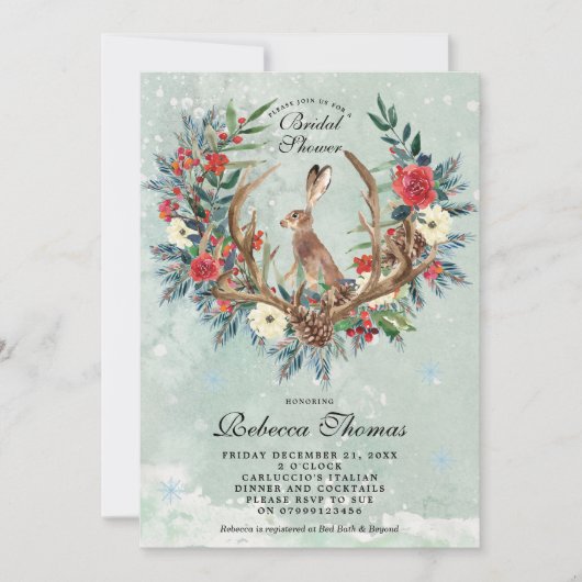 冬のリースおよびノウサギのブライダルシャワーの招待 招待状 (正面)