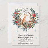 冬のリースとキツネのベビーシャワーの招待 招待状 (正面)