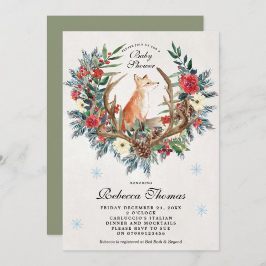 冬のリースとキツネのベビーシャワーの招待 招待状 (正面/裏面)
