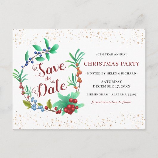 冬のリースと金ゴールドクリスマス日付を保存 インビテーションポストカード (正面)