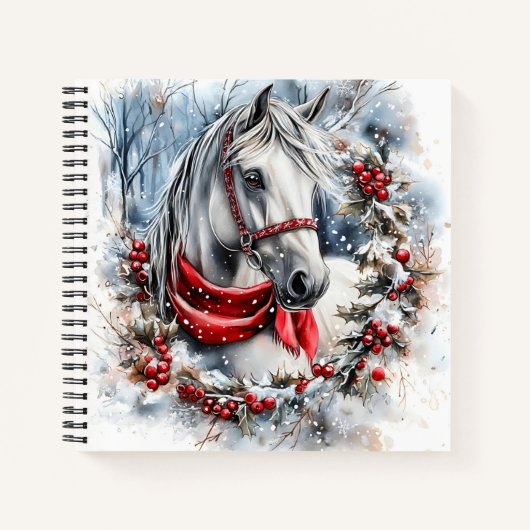 冬のリースを飾った優雅なクリスマスの馬 ノートブック (正面)