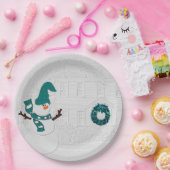 冬のリースインティール（緑がかった色）と雪だるまホリデーハウス ペーパープレート (パーティー)