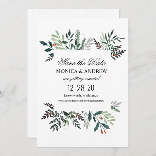 冬のリースウェディング日付を保存招待状 招待状 (正面/裏面)