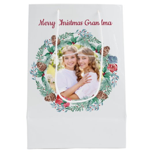 冬のリースカスタムメッセージとクリスマスフォト ミディアムペーパーバッグ (裏面)