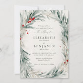 冬のリースクリスマスウォーターカラーエレガントな結婚式 招待状 (正面)