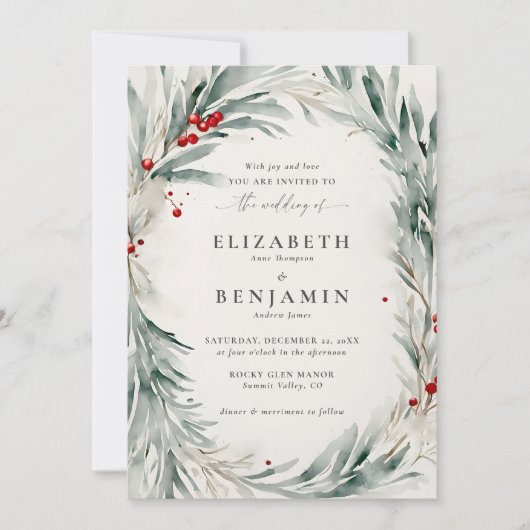 冬のリースクリスマスウォーターカラーエレガントな結婚式 招待状 (正面)