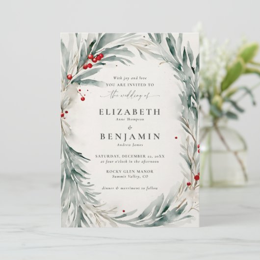 冬のリースクリスマスウォーターカラーエレガントな結婚式 招待状 (スタンド正面)