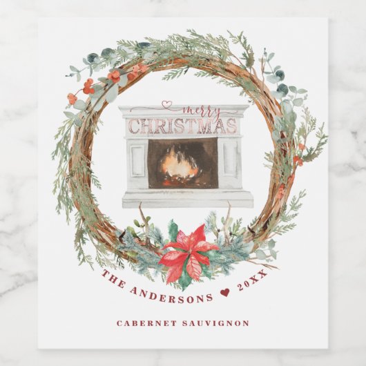 冬のリースコージー暖炉メリークリスマス ワインラベル (シングルラベル)