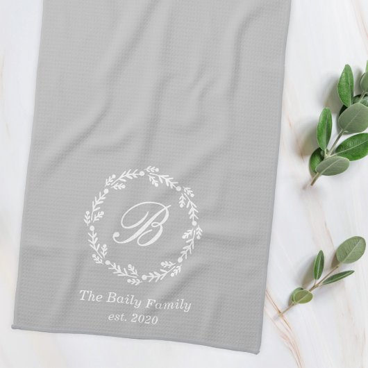 冬のリースファミリーネームモノグラムグレー キッチンタオル