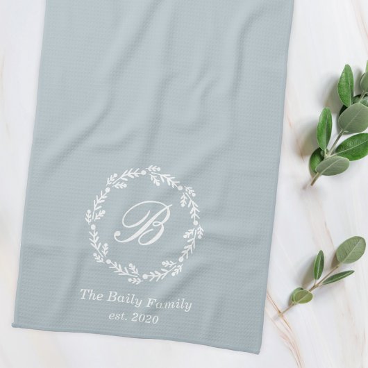 冬のリースファミリー名モノグラムモノグラムブルー キッチンタオル