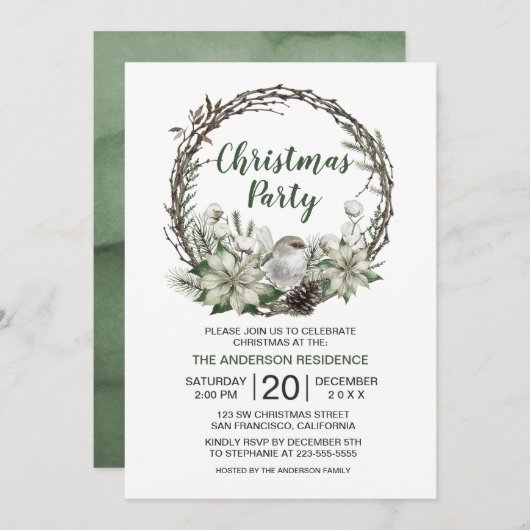 冬のリースポインセチア&バードクリスマス 招待状 (正面/裏面)