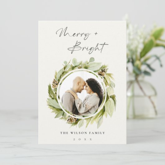 冬のリースメリーと明るいクリスマスの写真 シーズンカード (スタンド正面)