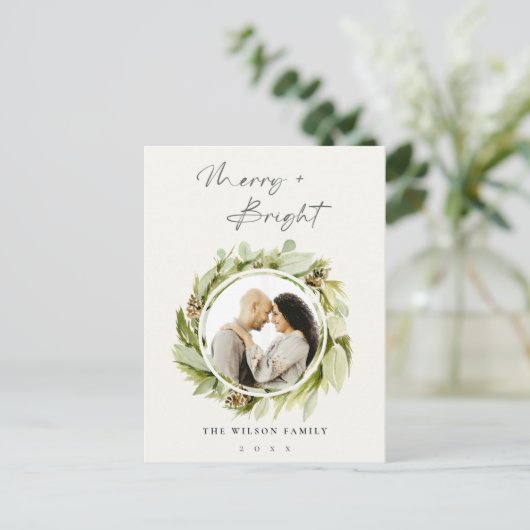 冬のリースメリーと明るいクリスマスの写真 シーズンポストカード (スタンド正面)