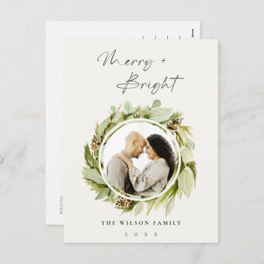 冬のリースメリーと明るいクリスマスの写真 シーズンポストカード (正面/裏面)