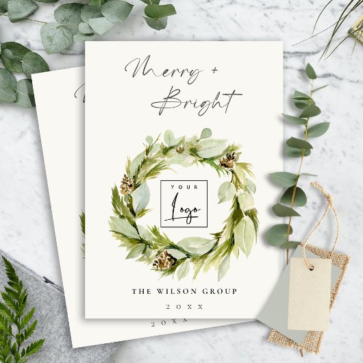 冬のリースメリーと明るいクリスマスロゴ シーズンカード