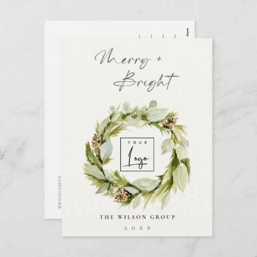 冬のリースメリーと明るいクリスマスロゴ シーズンポストカード (正面/裏面)
