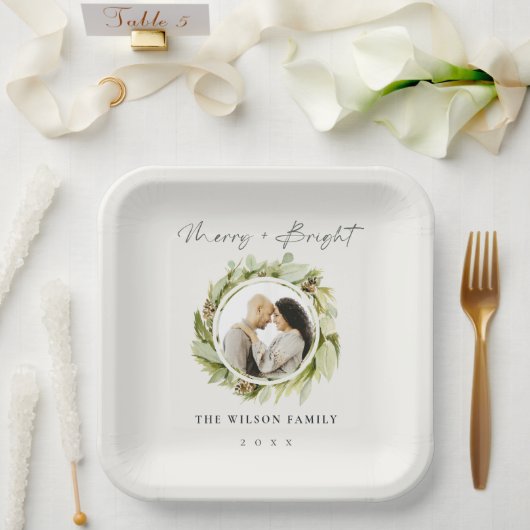 冬のリースメリーと明るいフォトクリスマス ペーパープレート (ウェディング)