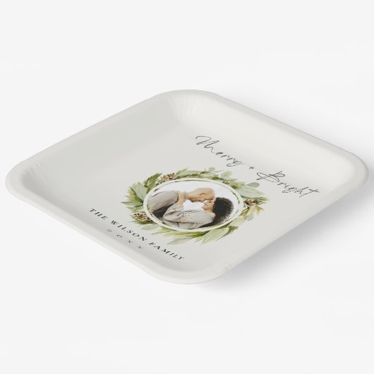 冬のリースメリーと明るいフォトクリスマス ペーパープレート (傾斜あり)