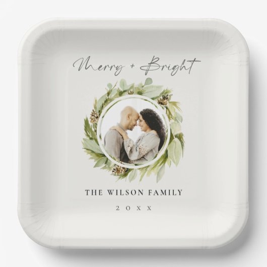 冬のリースメリーと明るいフォトクリスマス ペーパープレート (正面)