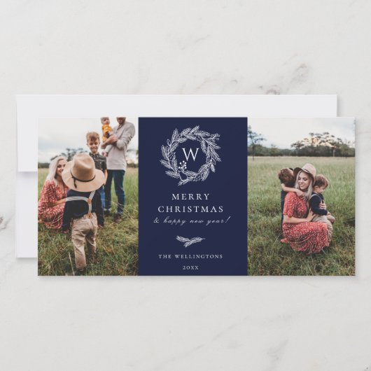 冬のリースモノグラムホリデイ2フォトカードブルー シーズンカード (正面)