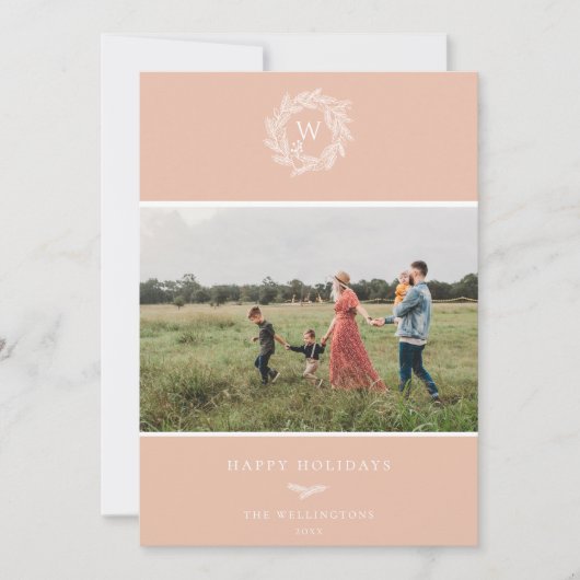 冬のリースモノグラムホリデーフォトカードピンク シーズンカード (正面)