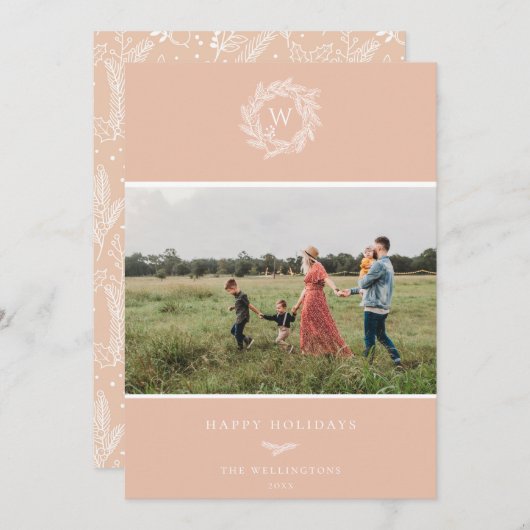 冬のリースモノグラムホリデーフォトカードピンク シーズンカード (正面/裏面)